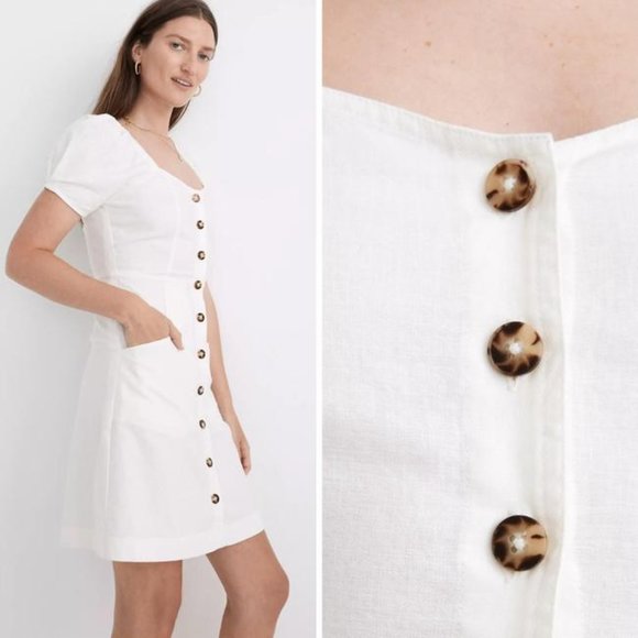✨NEW✨  Madewell Linen Cotton Puff-Sleeve Button-Front Retro Shift Dress - Picture 2 of 10